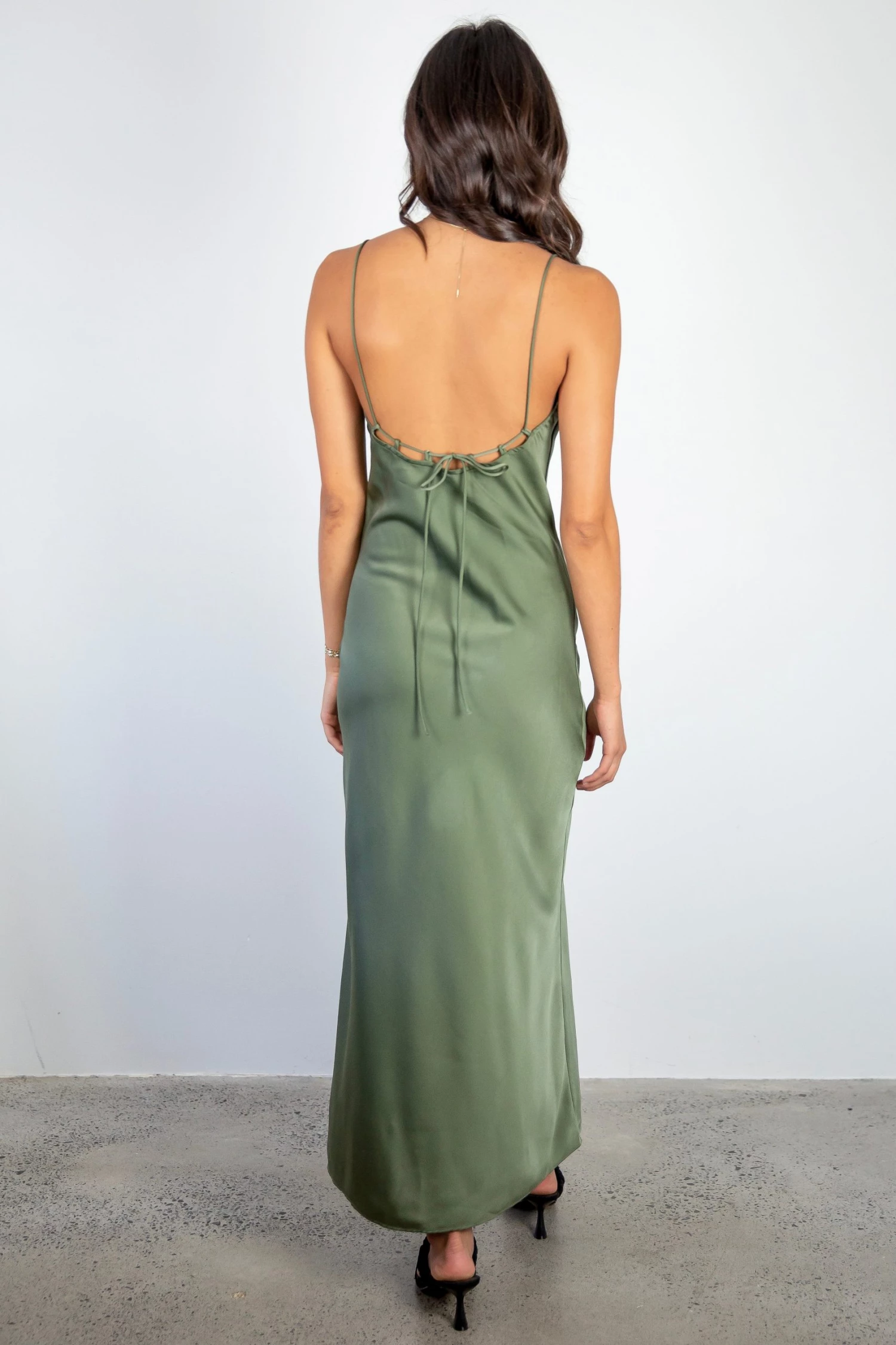Among The Brave Dresses Show Stopper Moss Satin Strappy Loop Back Bias Slip Midi Dress