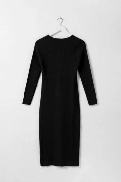 Among The Brave Skillful Charcoal Marle LS Rib Knit V Neck Midi Dress New In
