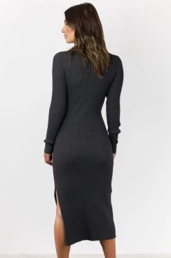 Among The Brave Skillful Charcoal Marle LS Rib Knit V Neck Midi Dress New In