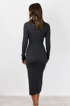 Among The Brave Skillful Charcoal Marle LS Rib Knit V Neck Midi Dress New In