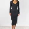 Among The Brave Skillful Charcoal Marle LS Rib Knit V Neck Midi Dress New In