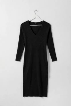 Among The Brave Skillful Charcoal Marle LS Rib Knit V Neck Midi Dress New In