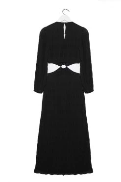 Ivy + Jack Skyler Black Shirred Cotton LS V Neck Waist Cut Out Maxi Dress