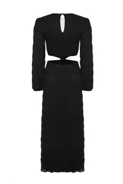 Ivy + Jack Skyler Black Shirred Cotton LS V Neck Waist Cut Out Maxi Dress