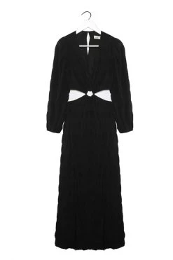 Ivy + Jack Skyler Black Shirred Cotton LS V Neck Waist Cut Out Maxi Dress