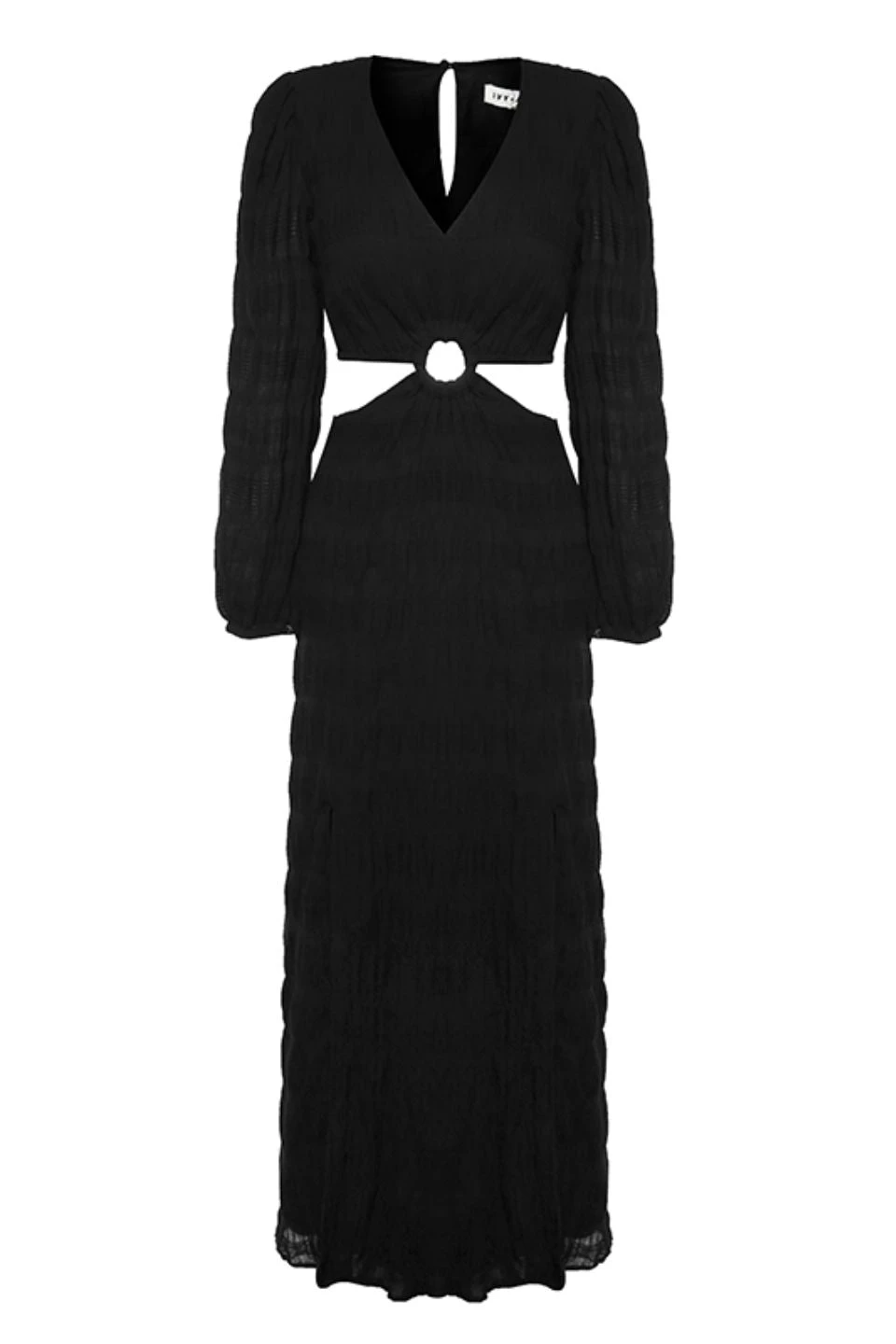 Ivy + Jack Skyler Black Shirred Cotton LS V Neck Waist Cut Out Maxi Dress