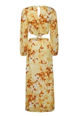 Ivy + Jack Dresses Skyler Marigold Floral LS V Neck Waist Cut Out Maxi Dress