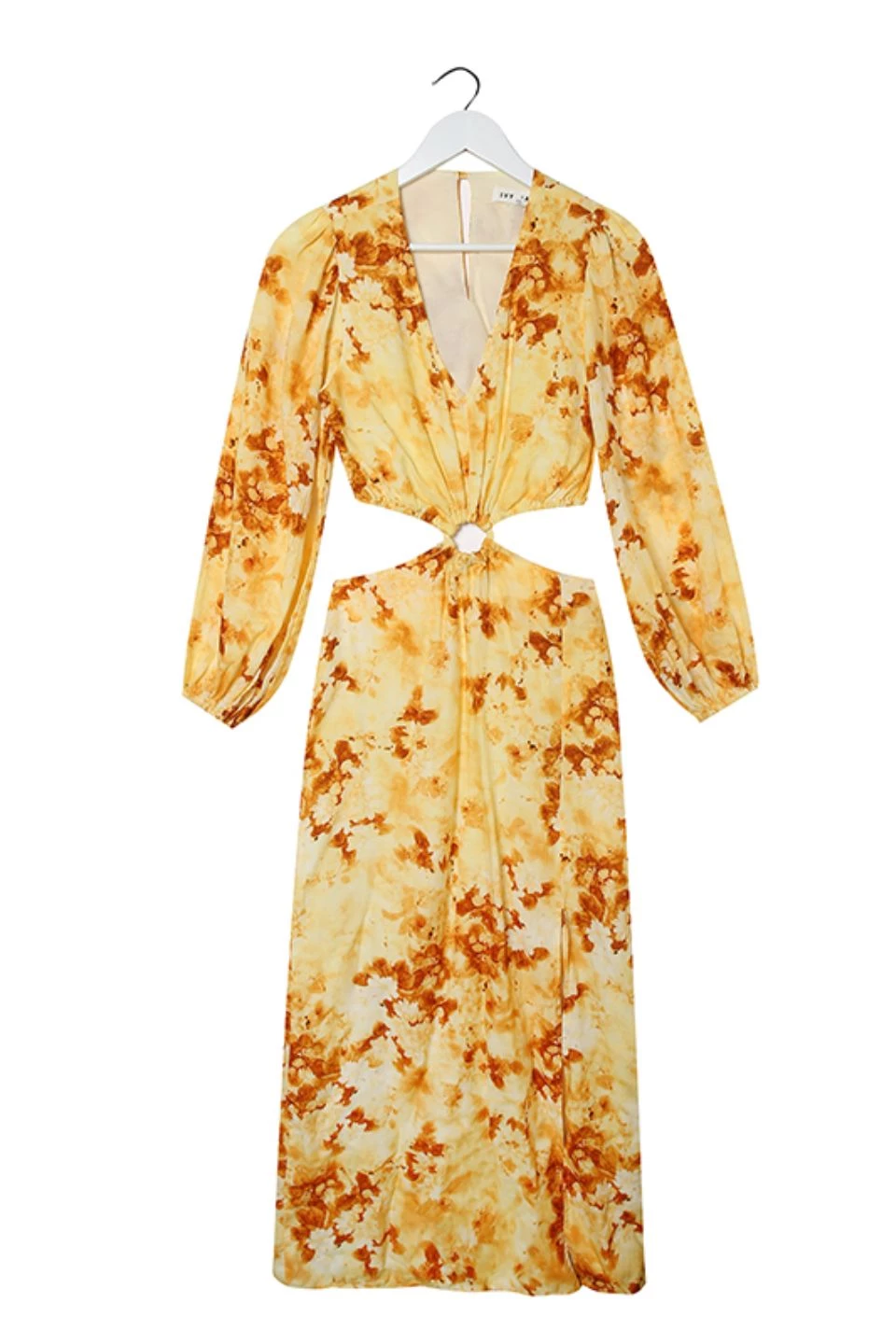 Ivy + Jack Dresses Skyler Marigold Floral LS V Neck Waist Cut Out Maxi Dress