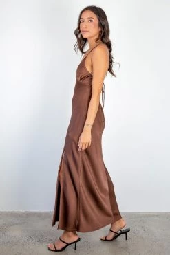 Among The Brave Dresses Slinky Chocolate Satin Strappy Crossover Tie Back Bias Midi Dress