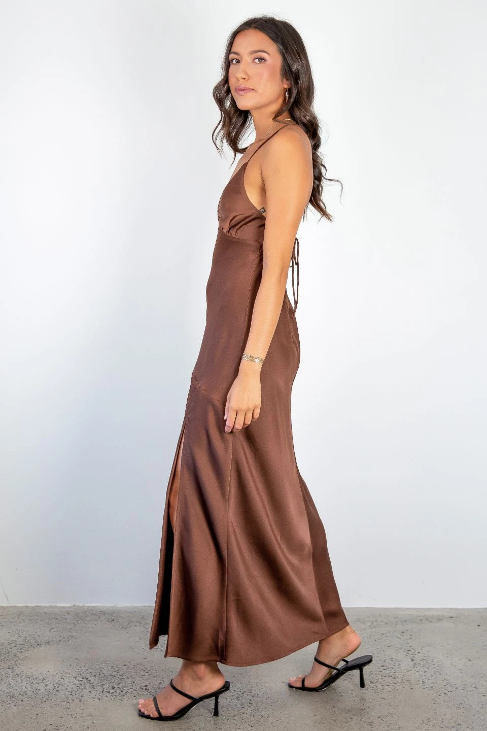 Among The Brave Dresses Slinky Chocolate Satin Strappy Crossover Tie Back Bias Midi Dress