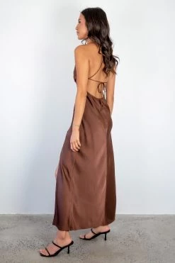 Among The Brave Dresses Slinky Chocolate Satin Strappy Crossover Tie Back Bias Midi Dress