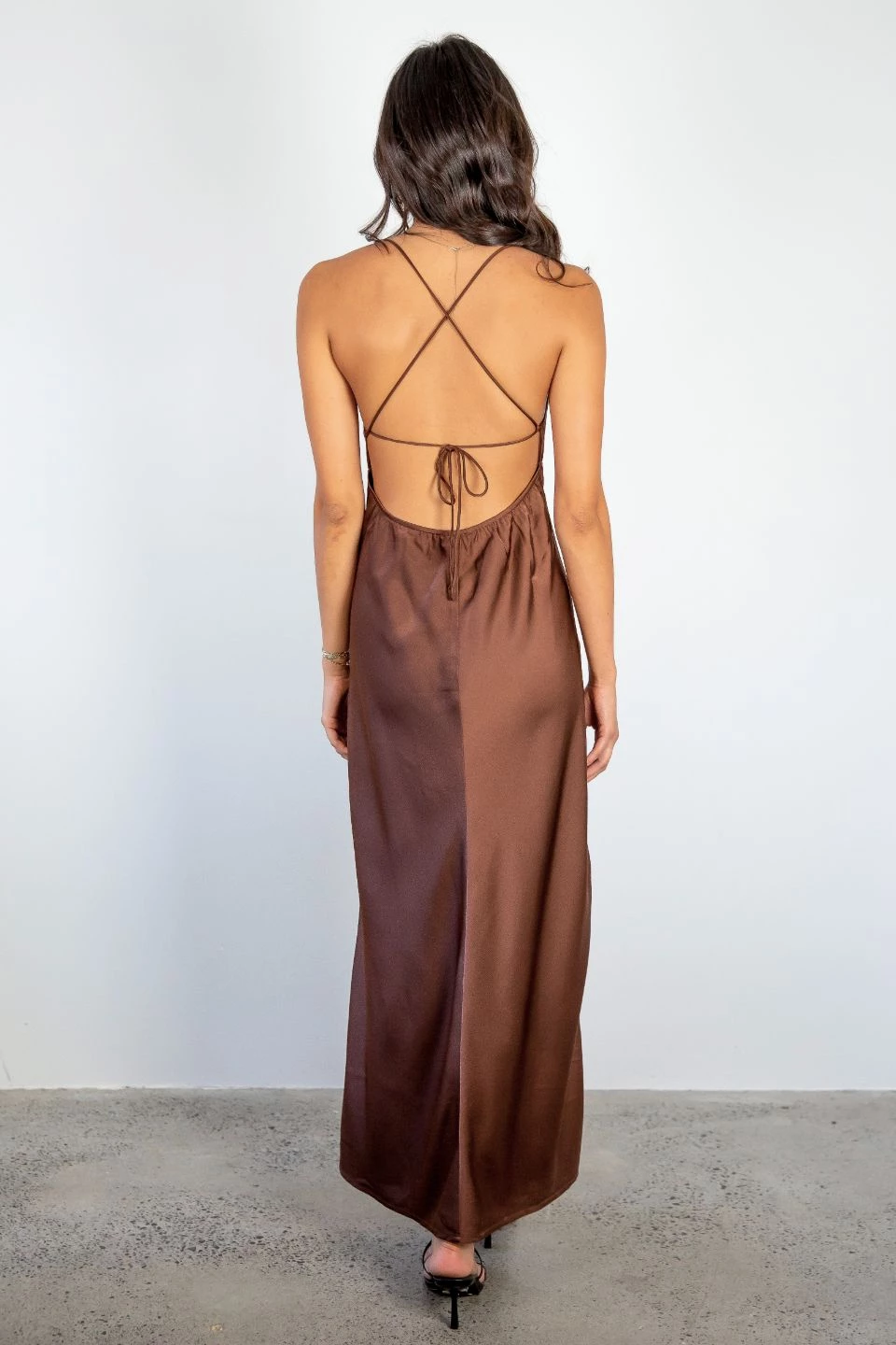 Among The Brave Dresses Slinky Chocolate Satin Strappy Crossover Tie Back Bias Midi Dress