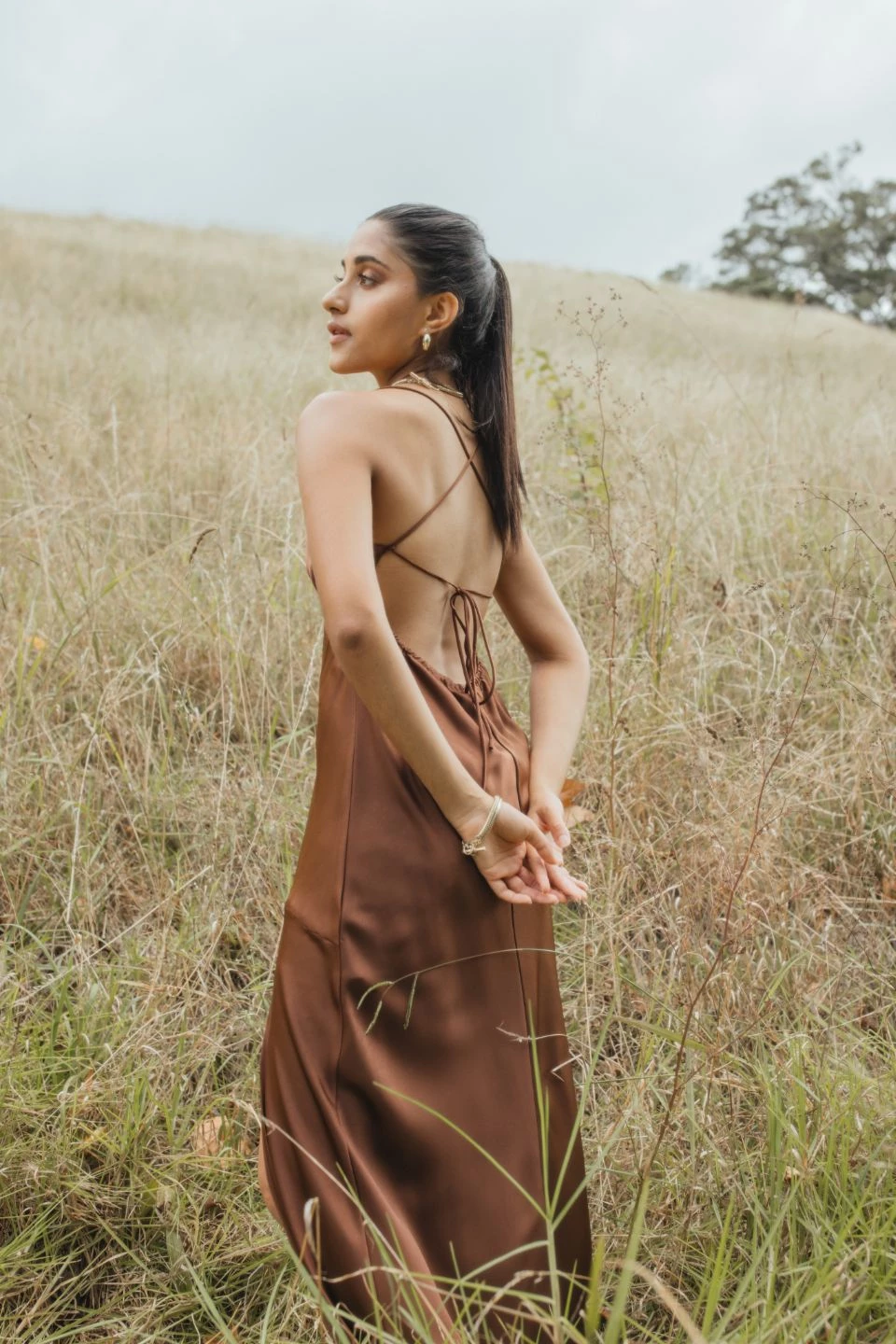 Among The Brave Dresses Slinky Chocolate Satin Strappy Crossover Tie Back Bias Midi Dress