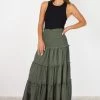 Among The Brave Skirts Soaring High Dark Khaki Satin Shirred Waist Ruffle Tiered Midi Skirt