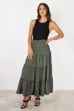 Among The Brave Skirts Soaring High Dark Khaki Satin Shirred Waist Ruffle Tiered Midi Skirt