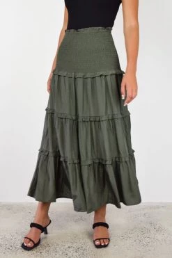 Among The Brave Skirts Soaring High Dark Khaki Satin Shirred Waist Ruffle Tiered Midi Skirt