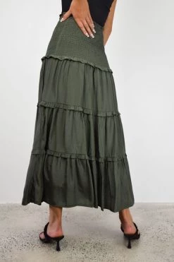 Among The Brave Skirts Soaring High Dark Khaki Satin Shirred Waist Ruffle Tiered Midi Skirt