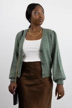 Among The Brave Spirited Soft Khaki Mohair Blend Balloon Sleeve Cropped Cardigan Knitwear