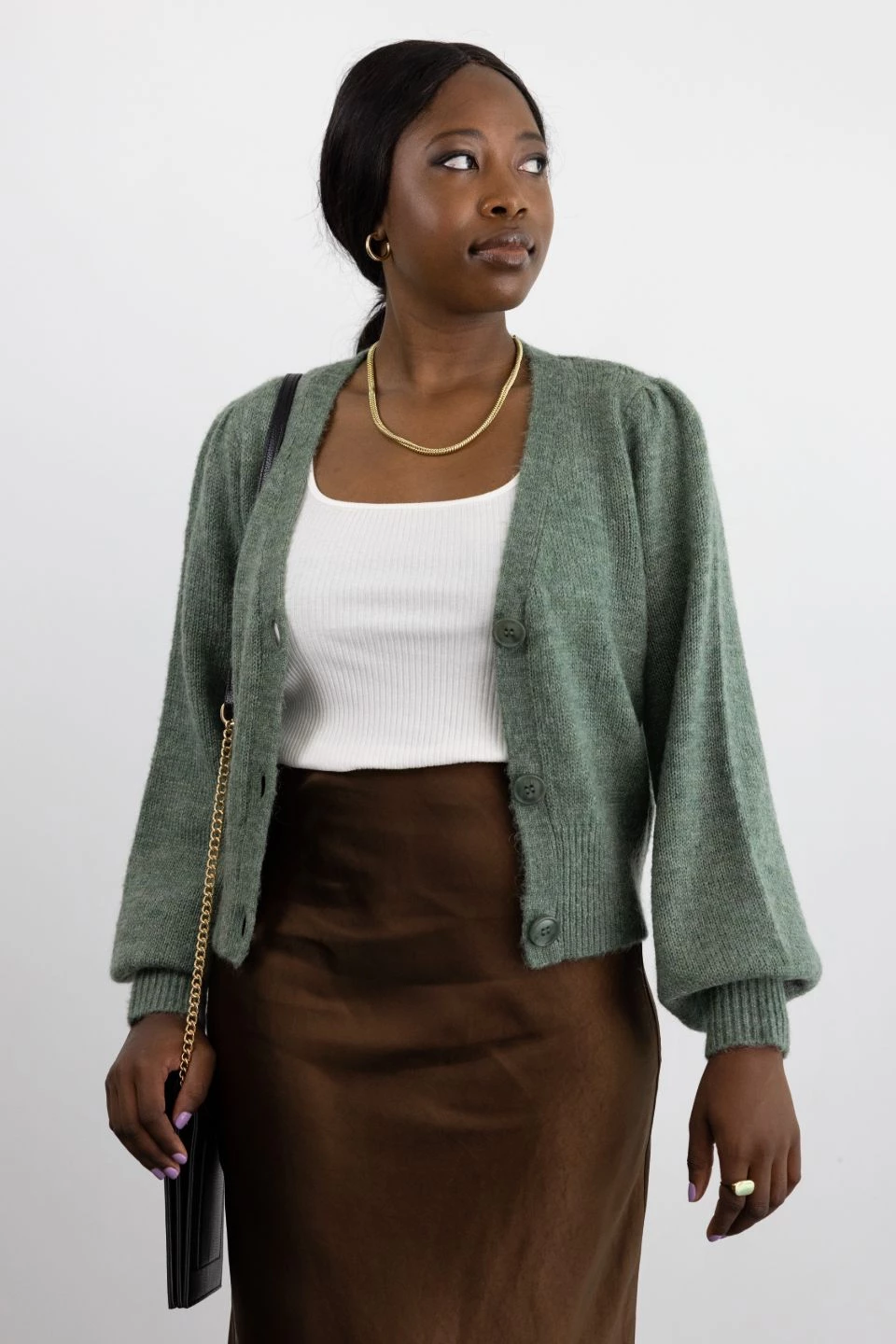Among The Brave Spirited Soft Khaki Mohair Blend Balloon Sleeve Cropped Cardigan Knitwear