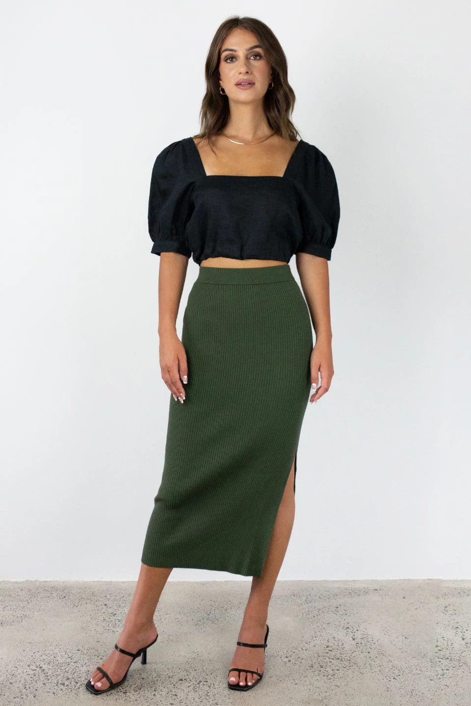 Among The Brave New In Possibility Khaki Rib Knit Midi Skirt