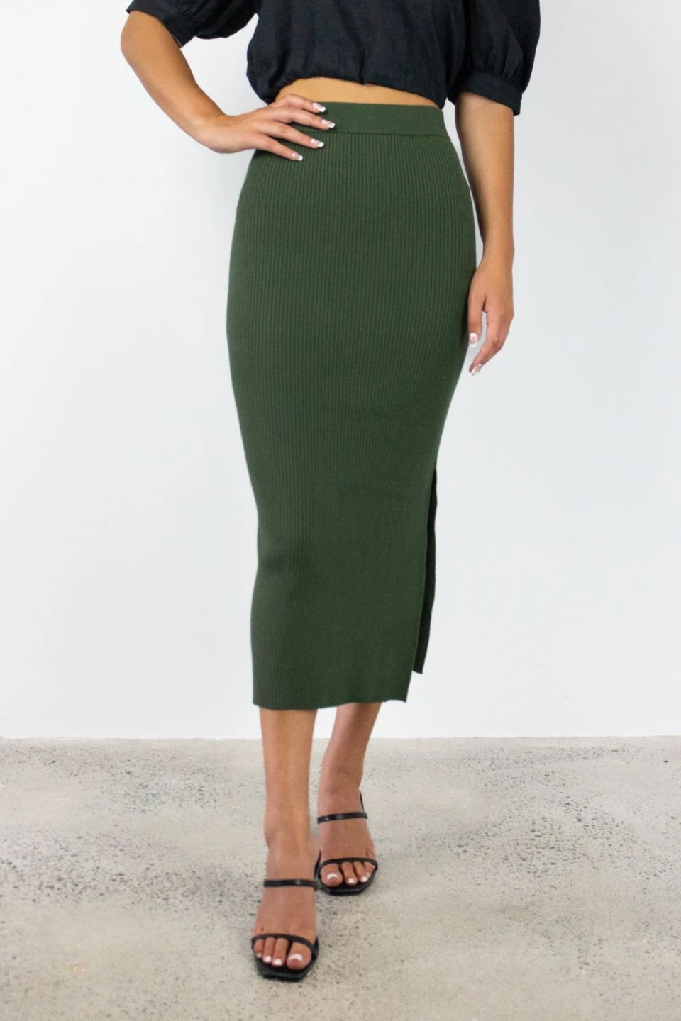 Among The Brave New In Possibility Khaki Rib Knit Midi Skirt