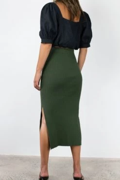 Among The Brave New In Possibility Khaki Rib Knit Midi Skirt