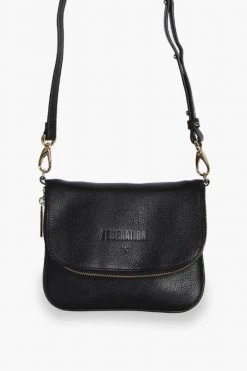 Federation Take Me Black Leather Fold Over Cross Body Gold Hardware Bag