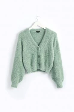 Among The Brave Knitwear Tender Sage Fluffy Blousen Sleeve Cropped Cardigan