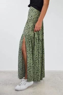 Among The Brave Skirts Playful Khaki Animal Elastic Back Tiered Maxi Skirt