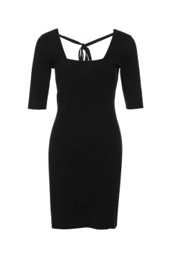Among The Brave Titan Black Square Neck Tie Back Half Sleeve Rib Knit Mini Dress Dresses