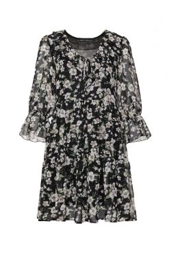 Among The Brave New In Wistful Garden Midnight Ruffle Neck Half Sleeve Tiered Mini Dress