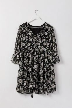 Among The Brave New In Wistful Garden Midnight Ruffle Neck Half Sleeve Tiered Mini Dress