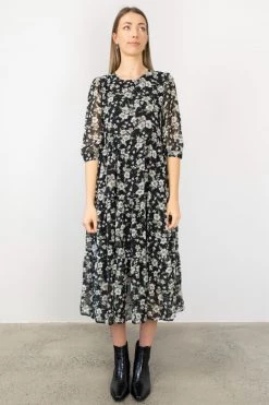 Among The Brave Lucid Garden Midnight Sheer Puff Sleeve Tiered Maxi Dress New In