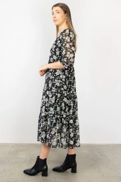 Among The Brave Lucid Garden Midnight Sheer Puff Sleeve Tiered Maxi Dress New In