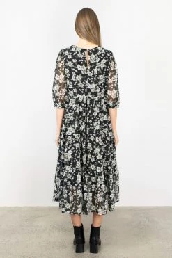 Among The Brave Lucid Garden Midnight Sheer Puff Sleeve Tiered Maxi Dress New In