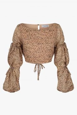 Charlie Holiday New In Whitney Crop Brown Abstract Animal LS Blouse