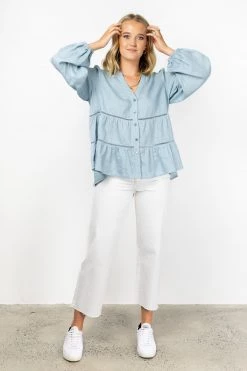 Among The Brave Neptune Duck Egg Blue Linen LS Puff Sleeve Tiered Blouse