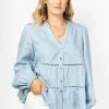 Among The Brave Neptune Duck Egg Blue Linen LS Puff Sleeve Tiered Blouse