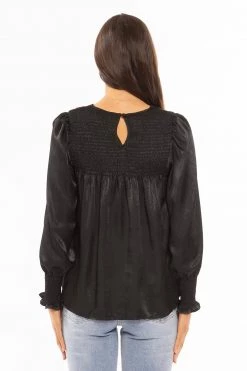 Billie The Label Hug Me Black Satin LS Shirred Shoulder Top