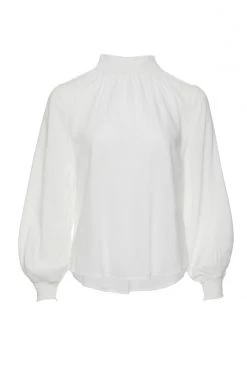 Among The Brave Embrace Ivory Soft Linen Blend LS High Neck Shirred Puff Sleeve Top