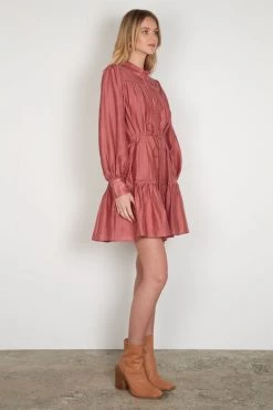 Esmaee New In Mara Berry LS Button Front Mini Dress
