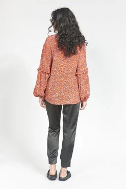 Ketz-Ke Rich Orange Floral V Neck Balloon LS Blouse Tops & Tees