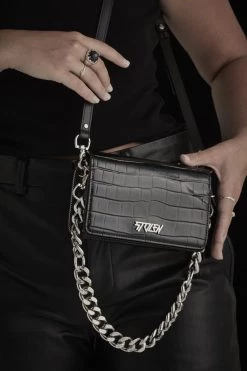 Stolen Little Trouble Black Croc Shoulder Bag With Silver Chain Hardware