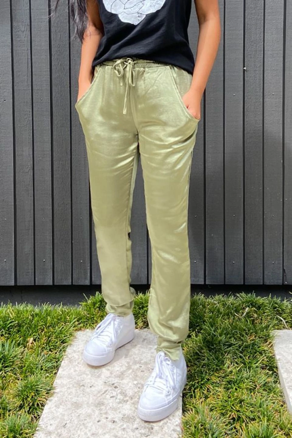 Ketz-Ke Satin Khaki Tie Waist Bubble Pant