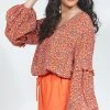 Ketz-Ke Rich Orange Floral V Neck Balloon LS Blouse Tops & Tees