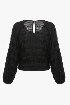 Ivy + Jack Carly Black Shirred Cotton LS Raglan Elastic Hem Crop Top