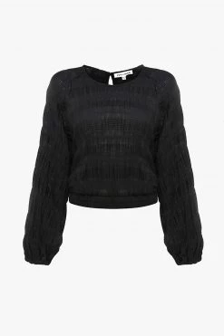 Ivy + Jack Carly Black Shirred Cotton LS Raglan Elastic Hem Crop Top