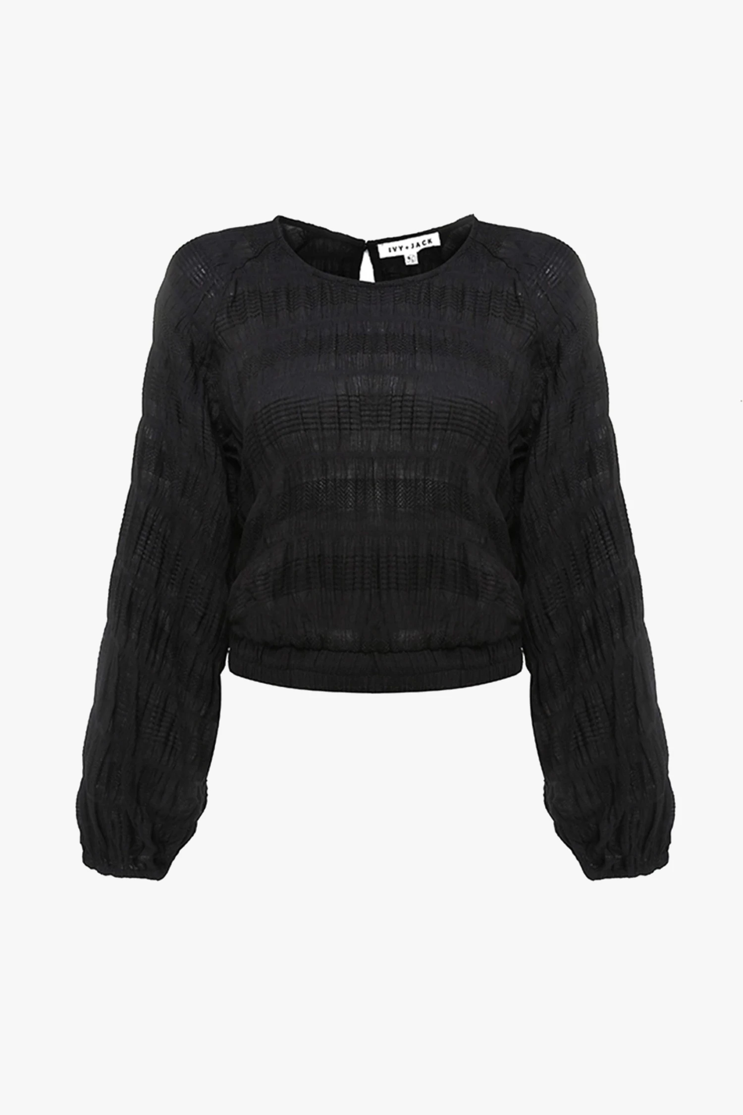 Ivy + Jack Carly Black Shirred Cotton LS Raglan Elastic Hem Crop Top