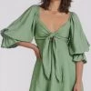 Charlie Holiday Dresses Sonny Sage Linen Tie Front Puff Sleeve Dress