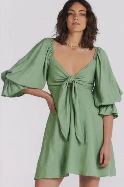 Charlie Holiday Dresses Sonny Sage Linen Tie Front Puff Sleeve Dress